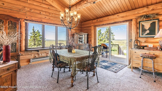 31 Ridge Dr, Craig, CO 81625 - dining area with a baseboard heating unit, wood ceiling, carpet flooring, a chandelier, and log walls