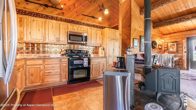 31 Ridge Dr, Craig, CO 81625 - kitchen with stainless steel appliances, light brown cabinets, wood ceiling, decorative backsplash, and light tile patterned floors