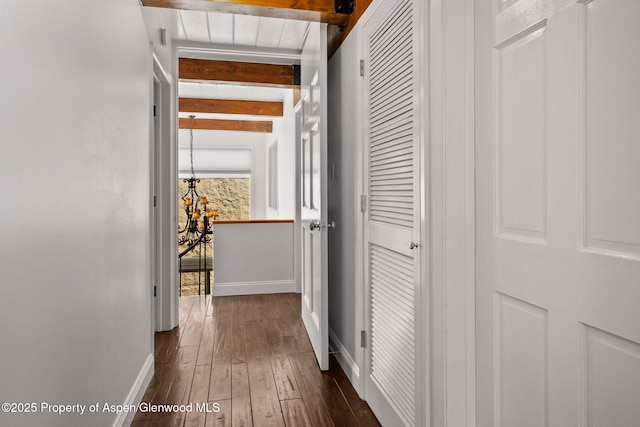 1024 E Cooper Ave Unit 8, Aspen, CO 81611 - corridor with dark wood-type flooring, beam ceiling, and a chandelier