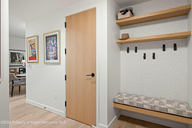 mudroom with light hardwood / wood-style flooring