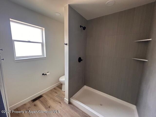 326 W 30th St, Rifle, CO 81650 - bathroom featuring a stall shower, toilet, and wood finished floors