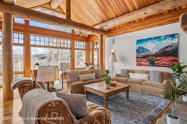 living room with light hardwood / wood-style flooring, beamed ceiling, and wooden ceiling