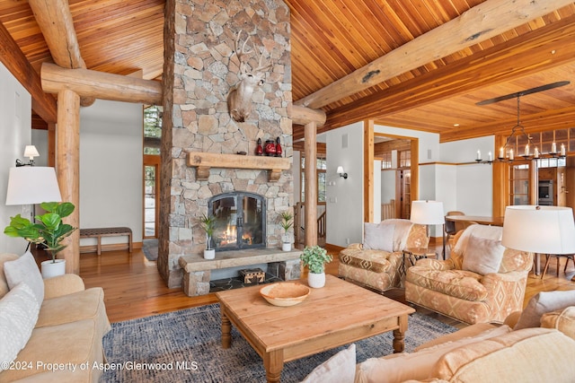 living room with wood ceiling, beam ceiling, wood-type flooring, a notable chandelier, and a fireplace