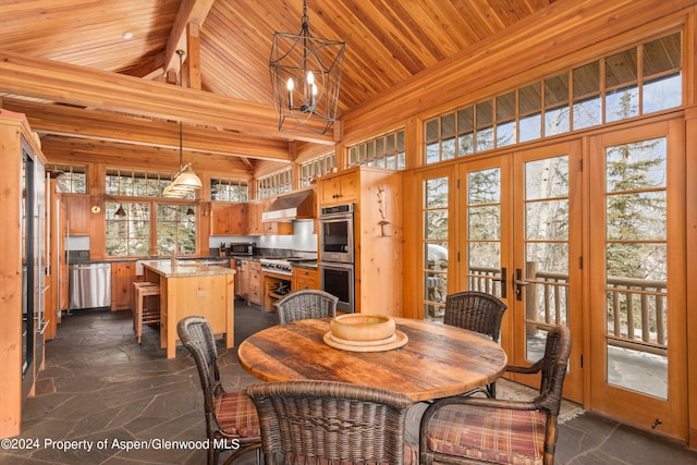 dining space with an inviting chandelier, wood ceiling, high vaulted ceiling, and french doors