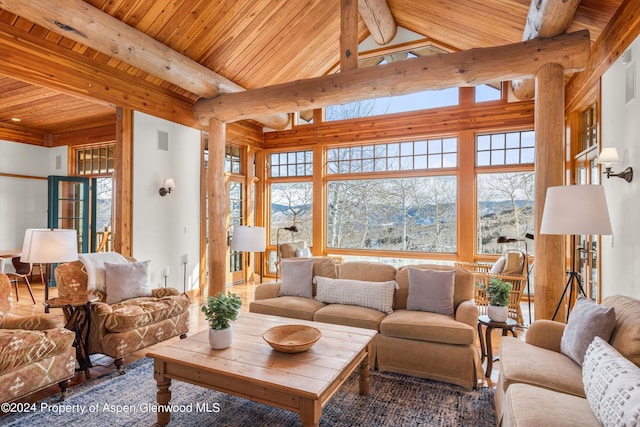 living room featuring beam ceiling and wooden ceiling