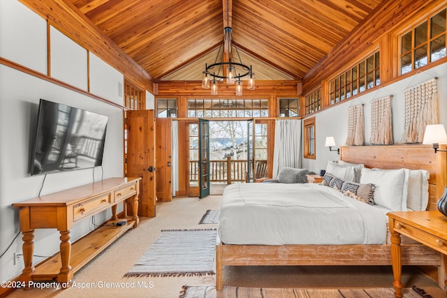 carpeted bedroom with access to outside, wooden ceiling, high vaulted ceiling, and a notable chandelier