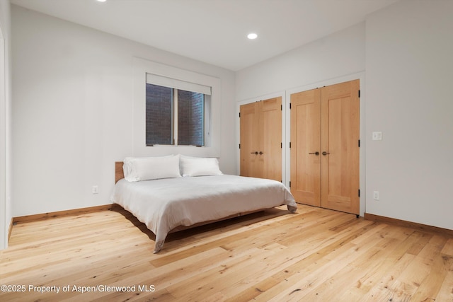 bedroom with wood-type flooring and multiple closets