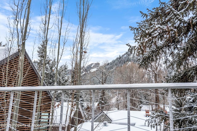 snow covered back of property featuring a mountain view