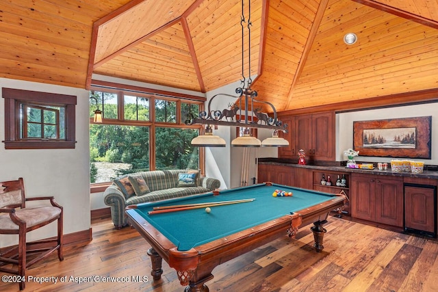 rec room with light hardwood / wood-style flooring, high vaulted ceiling, wood ceiling, and pool table