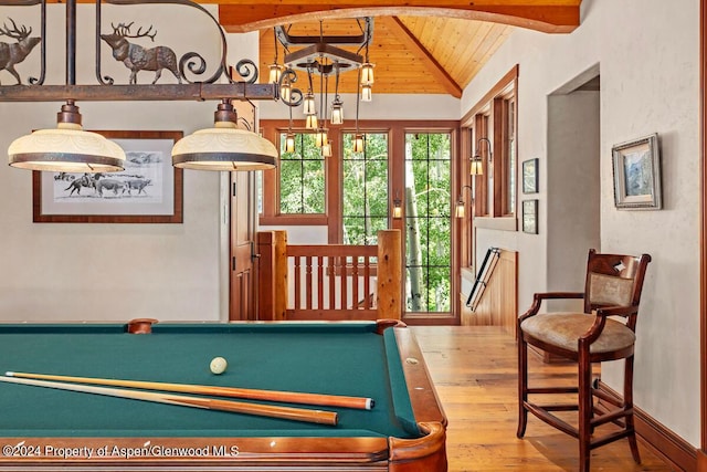 playroom featuring vaulted ceiling with beams, hardwood / wood-style floors, wood ceiling, and pool table