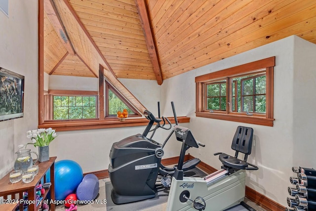 exercise area with vaulted ceiling and wooden ceiling