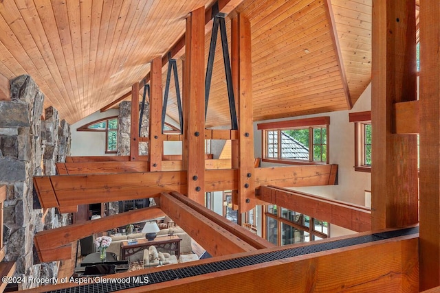 room details featuring beamed ceiling and wood ceiling