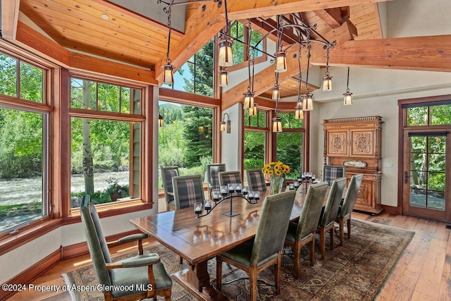 sunroom with lofted ceiling with beams and wooden ceiling