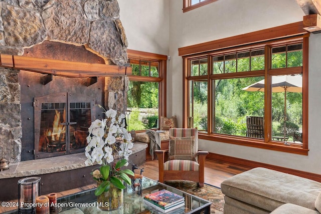 interior space featuring hardwood / wood-style floors, a stone fireplace, and plenty of natural light