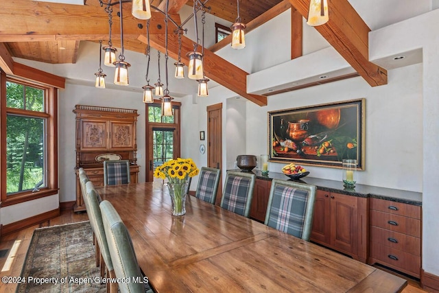 dining area with beamed ceiling and high vaulted ceiling