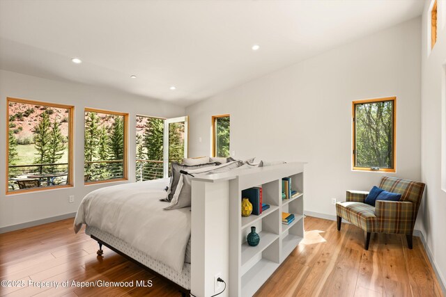 768 Kings Lake Rd, Basalt, CO 81621 - bedroom with light wood-type flooring, recessed lighting, lofted ceiling, and baseboards