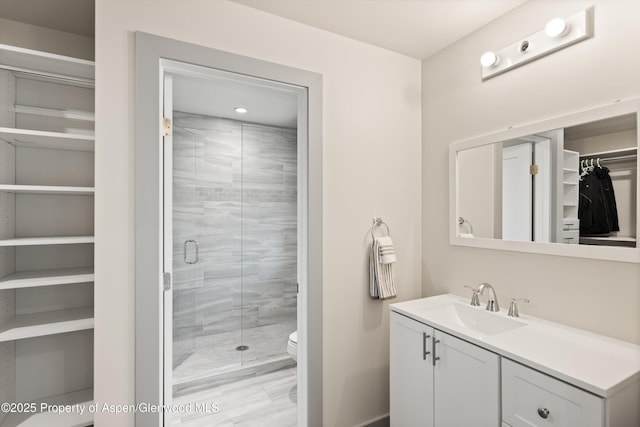768 Kings Lake Rd, Basalt, CO 81621 - bathroom featuring a spacious closet, vanity, a shower stall, and toilet