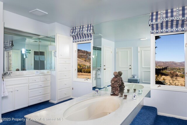 bathroom with a mountain view, vanity, a bathing tub, and a healthy amount of sunlight