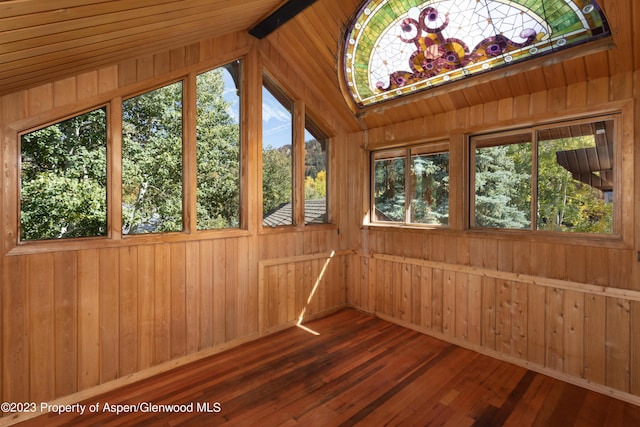 unfurnished sunroom with lofted ceiling