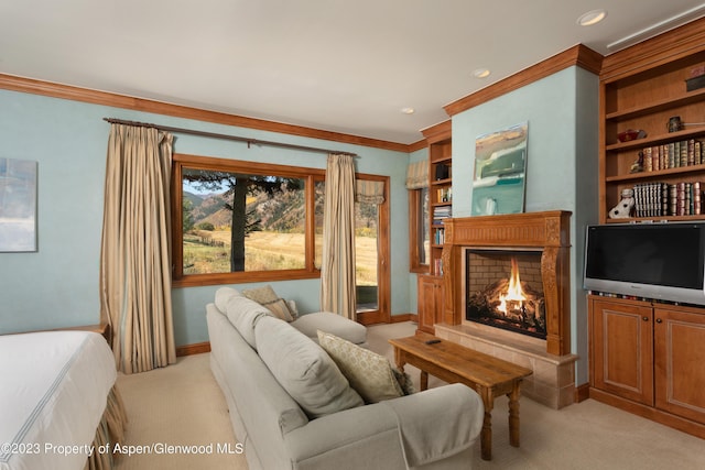 carpeted living room with crown molding