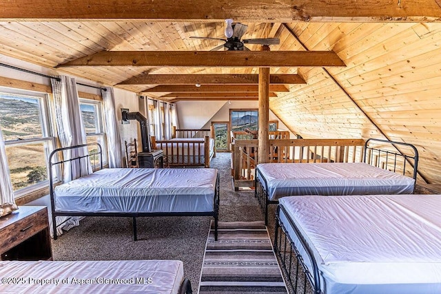 3547 Timberlane Dr Lot 586, Craig, CO 81625 - carpeted bedroom with wooden ceiling and a wood stove