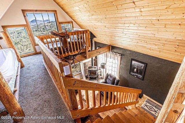 3547 Timberlane Dr Lot 586, Craig, CO 81625 - stairs with lofted ceiling, carpet, a wood stove, and wood ceiling