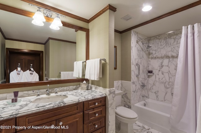 full bathroom with shower / bathtub combination with curtain, toilet, vanity, tile walls, and ornamental molding