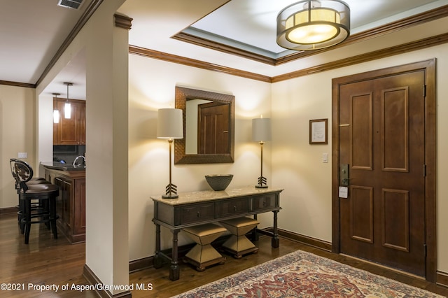 entrance foyer featuring dark hardwood / wood-style floors, ornamental molding, and sink