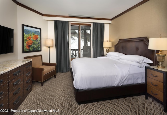 bedroom featuring access to exterior, carpet floors, and crown molding