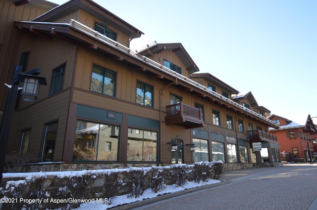 view of snow covered building