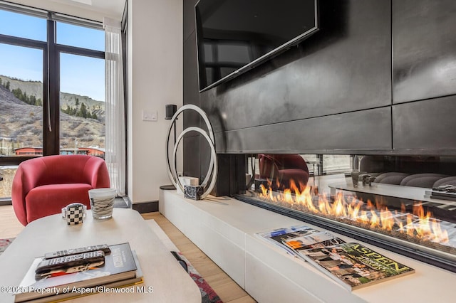 interior details featuring a mountain view and a fire pit