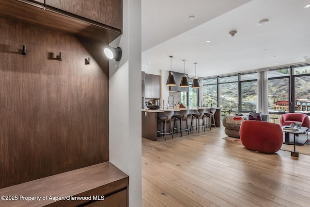 mudroom with sink and light hardwood / wood-style floors