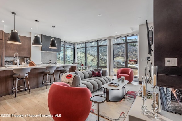 living room with floor to ceiling windows, sink, and light hardwood / wood-style flooring