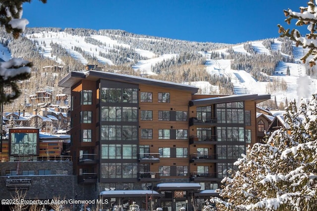 snow covered building with a mountain view