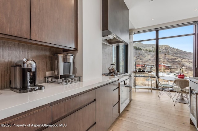 kitchen with stainless steel gas cooktop, tasteful backsplash, island range hood, a mountain view, and light hardwood / wood-style floors