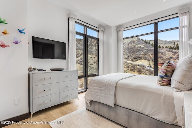 bedroom with a mountain view and light wood-type flooring