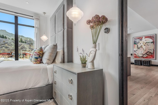 bedroom featuring a mountain view and light hardwood / wood-style floors