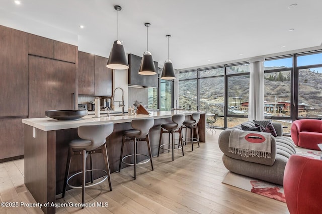 kitchen with a kitchen island with sink, a wall of windows, light wood-type flooring, and decorative light fixtures