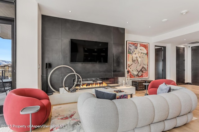 living room with a large fireplace and light hardwood / wood-style floors