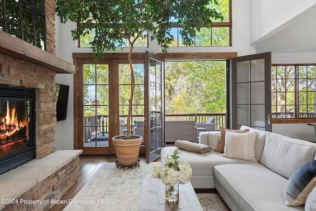 living room featuring hardwood / wood-style floors, a high ceiling, and a fireplace