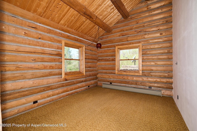 63 Alexander Ave, Snowmass, CO 81654 - carpeted empty room with wood ceiling, a baseboard heating unit, and plenty of natural light