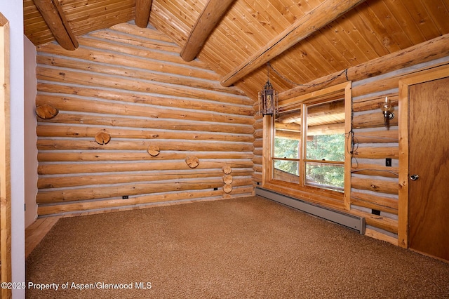 63 Alexander Ave, Snowmass, CO 81654 - carpeted spare room with baseboard heating, wooden ceiling, and log walls
