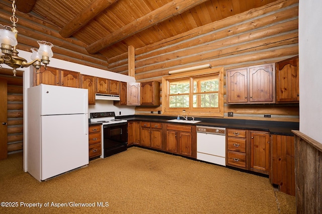 63 Alexander Ave, Snowmass, CO 81654 - kitchen with white appliances, wood ceiling, log walls, under cabinet range hood, and dark countertops