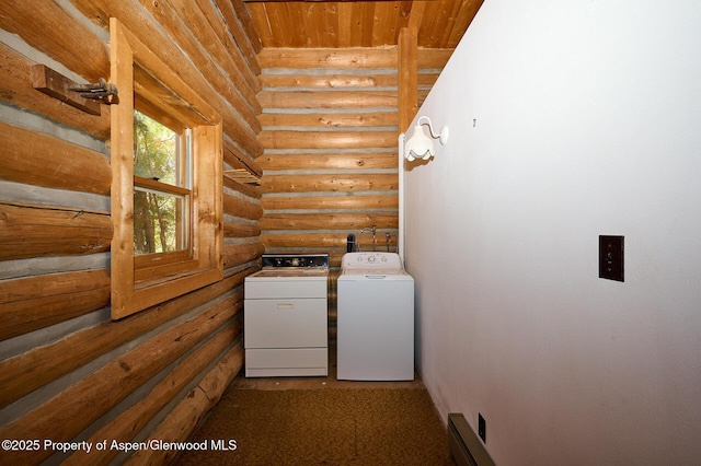 63 Alexander Ave, Snowmass, CO 81654 - washroom with rustic walls, independent washer and dryer, and wood ceiling