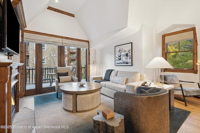 living room featuring high vaulted ceiling, french doors, and light wood-type flooring