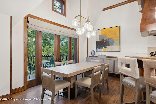 dining room featuring french doors, dark hardwood / wood-style flooring, high vaulted ceiling, and a notable chandelier