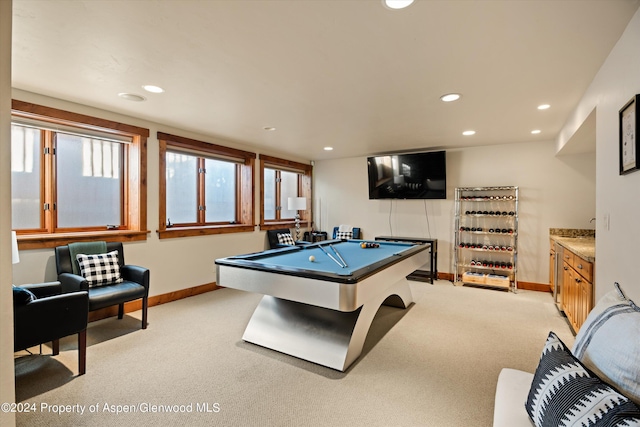 playroom with light carpet and billiards