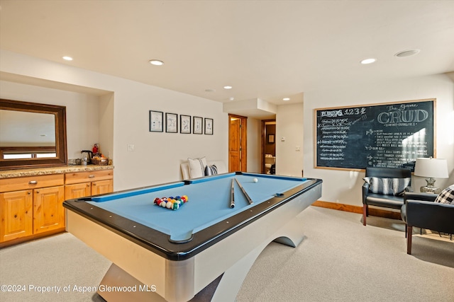 playroom with light carpet and pool table