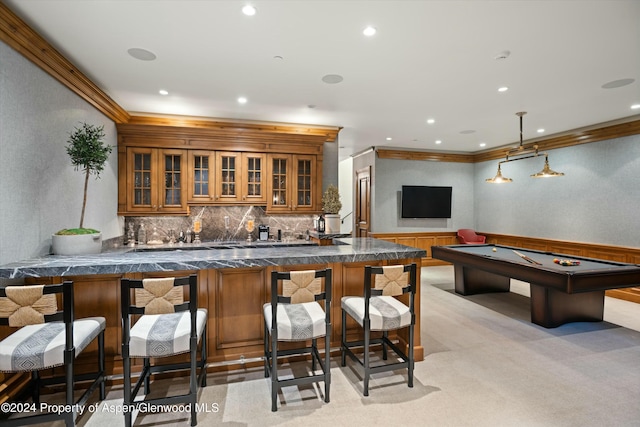 bar featuring light carpet, hanging light fixtures, crown molding, and billiards