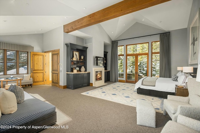 carpeted bedroom featuring multiple windows, french doors, beamed ceiling, and high vaulted ceiling